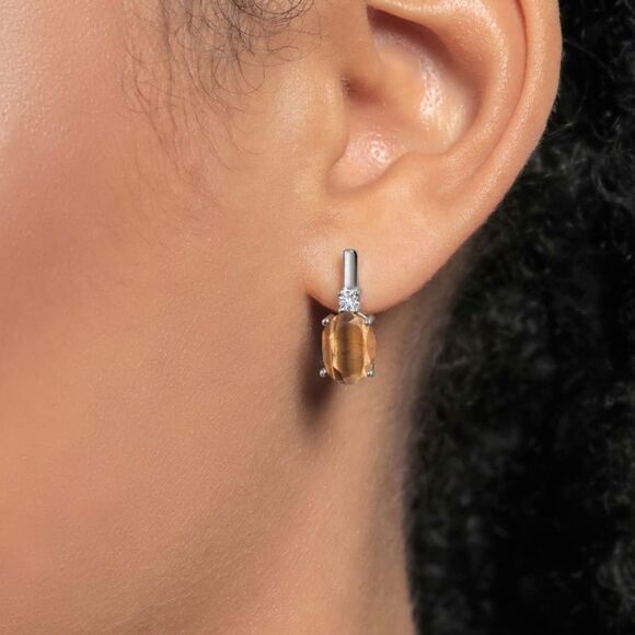 925 Sterling Silver with 3.10 Cttw Brown Tiger Eye and White Sapphire Earrings - Picture 3 of 4